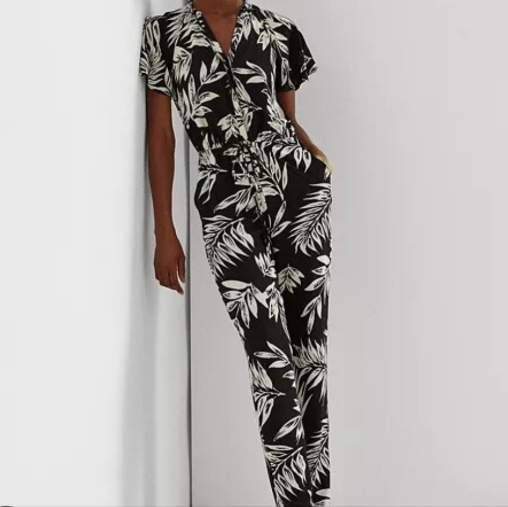 Ralph Lauren Black & White Leaf Print Hawaiian Vacation Cruise Jumpsuit